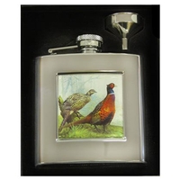Bisley 6oz Square Hip Flask - Pheasant Design with Presentation Box and Funnel