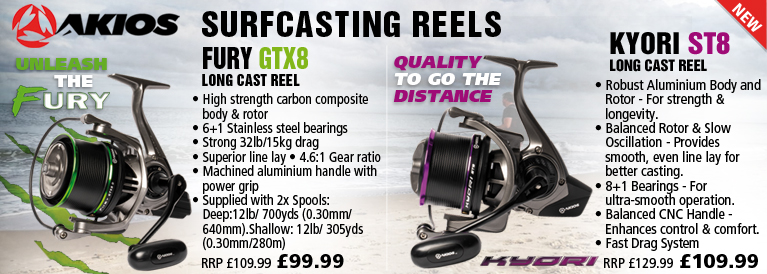 Akios Surfcasting Reels Fury GTX8 and Kyori ST10