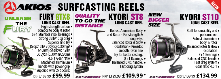 Akios Surfcasting Reels Fury GTX8 and Kyori ST10