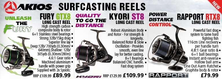 Akios Surfcasting Reels Fury GTX8 and Kyori ST10
