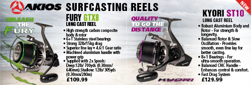 Akios Surfcasting Reels Fury GTX8 and Kyori ST10
