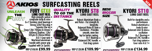Akios Surfcasting Reels Fury GTX8 and Kyori ST10