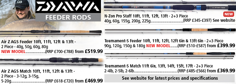 Daiwa Ninja, N-Zon, Pro Tournament, SLR Tournament, Airity X45 and Air AGS Feeder Rods