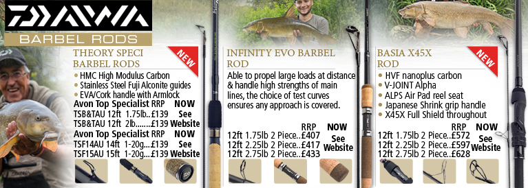 Daiwa Powermesh Barbel, Infinity Evo Barbel and Basia X45 Barbel Rods