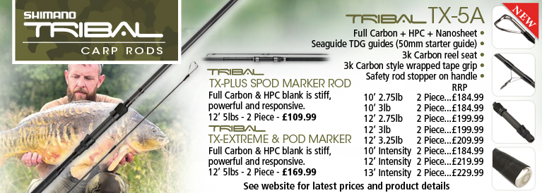 Shimano Tribal TX-Plus Spod Marker, Tribal TX-Extreme and Tribal TX-5A Carp Rods