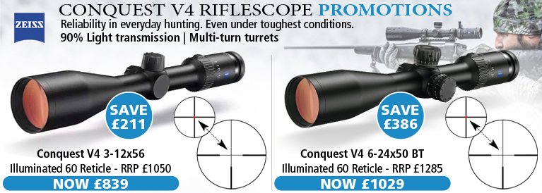 Zeiss Conquest V4 3-12x56 and 6-24x50BT Riflescopes Promotions