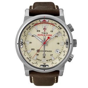 Image of Timex IQ E-Compass Watch - Cream Face, Brown Strap